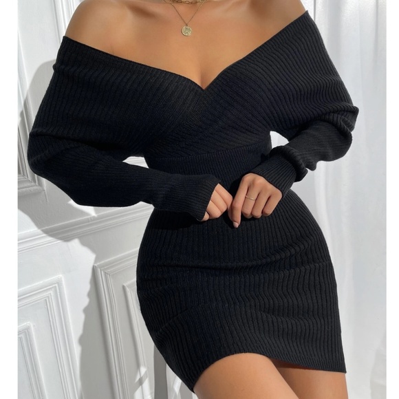 Rouge! Dresses & Skirts - Black Off Shoulder V-Neck Rib Knit Sweater Mini Short Dress Long Sleeve